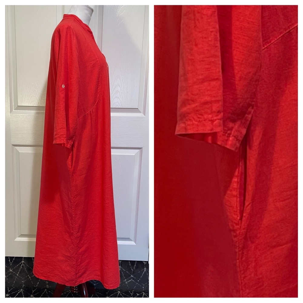 Linen! Francesca Bettini Made In Italy Shirt Dress Red Linen Blend with Pockets - Picture 3 of 7